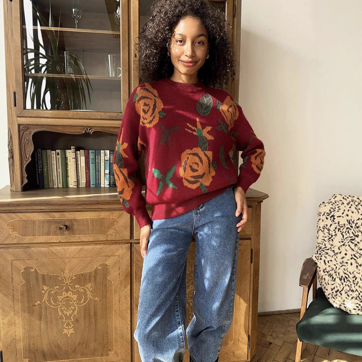 Damen Strickpullover mit floralem Muster Drune