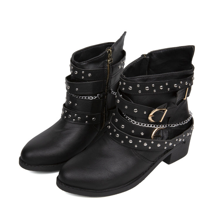 Damen nan knöchelhohe Biker-Stiefelette mit Nietenriemen, Ketten- und Dornschließen-Details Drune