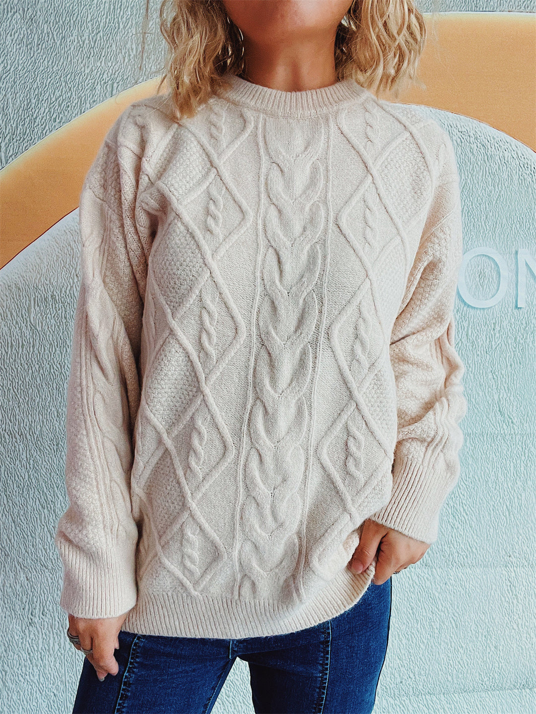 Damen Grobstrukturierter Strickpullover mit Zopf-Design Drune