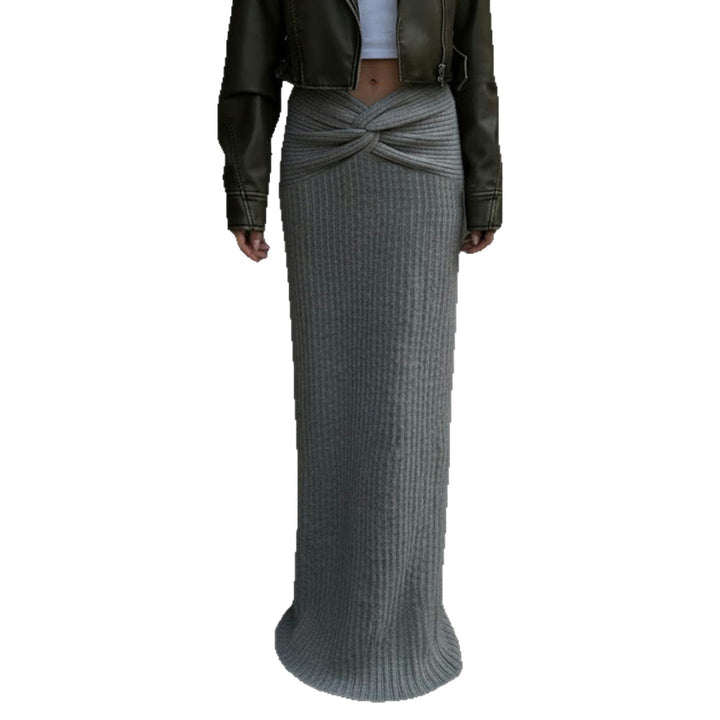 Damen nan hochtaillierter gerippter Maxi-Strickrock mit Twist-Taillenbund und figurumspielender A-Linie Drune