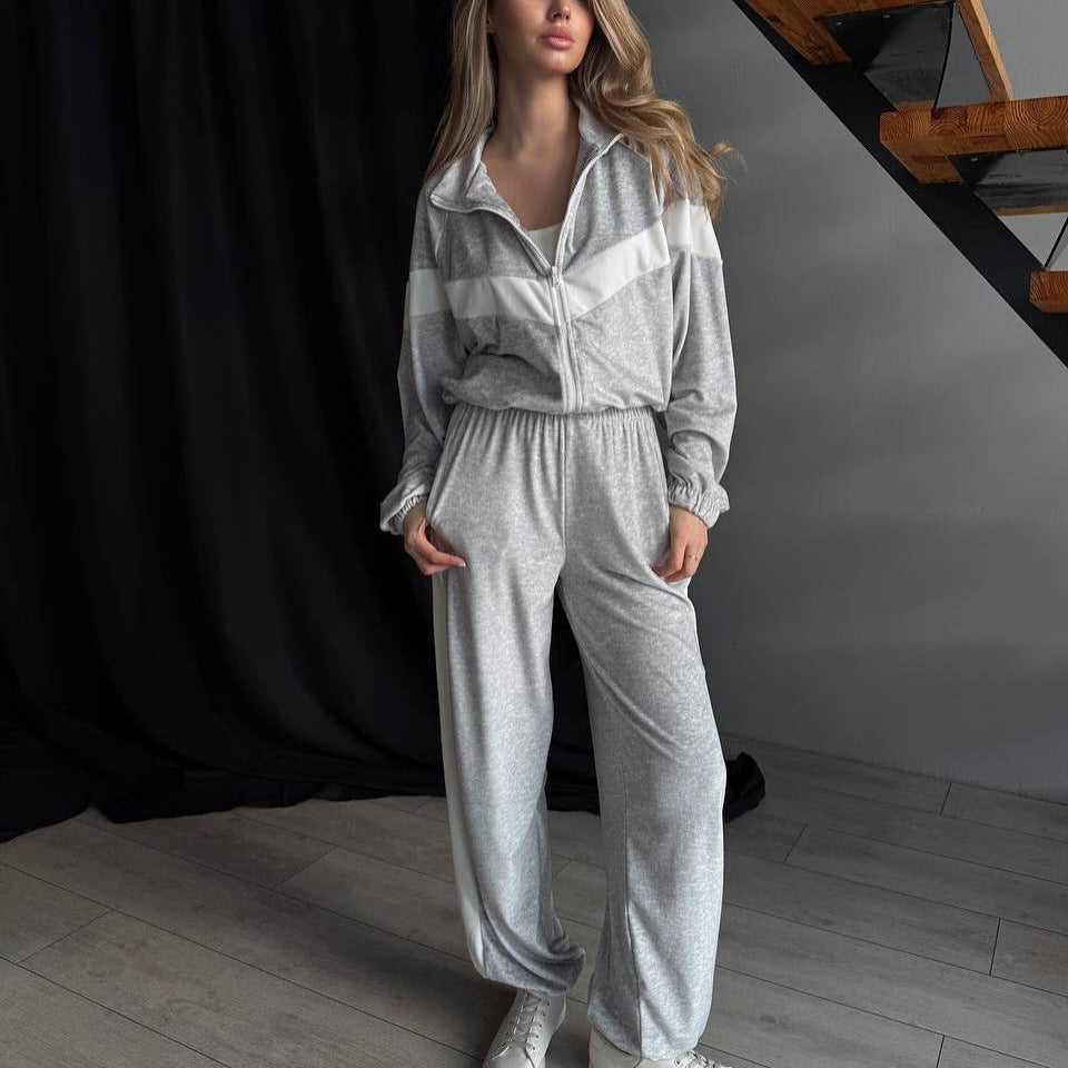 Damen Fleece-Loungewear-Anzug mit hohem Kragen und Reißverschluss Drune