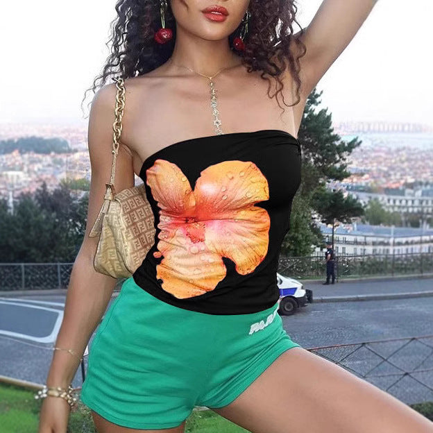 Damen Bandeau-Top mit stilvollem Blumendruck und elastischem Bund Drune
