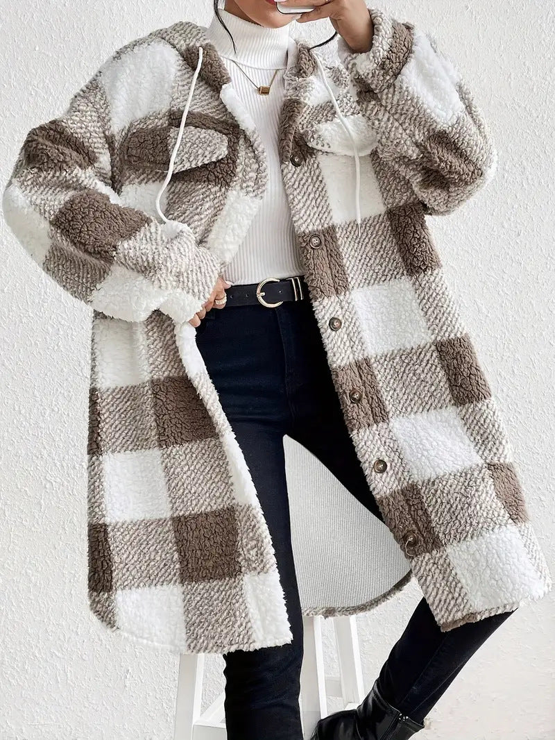 Damen Plüschige Karojacke im Oversized-Stil mit Knopfleiste Drune