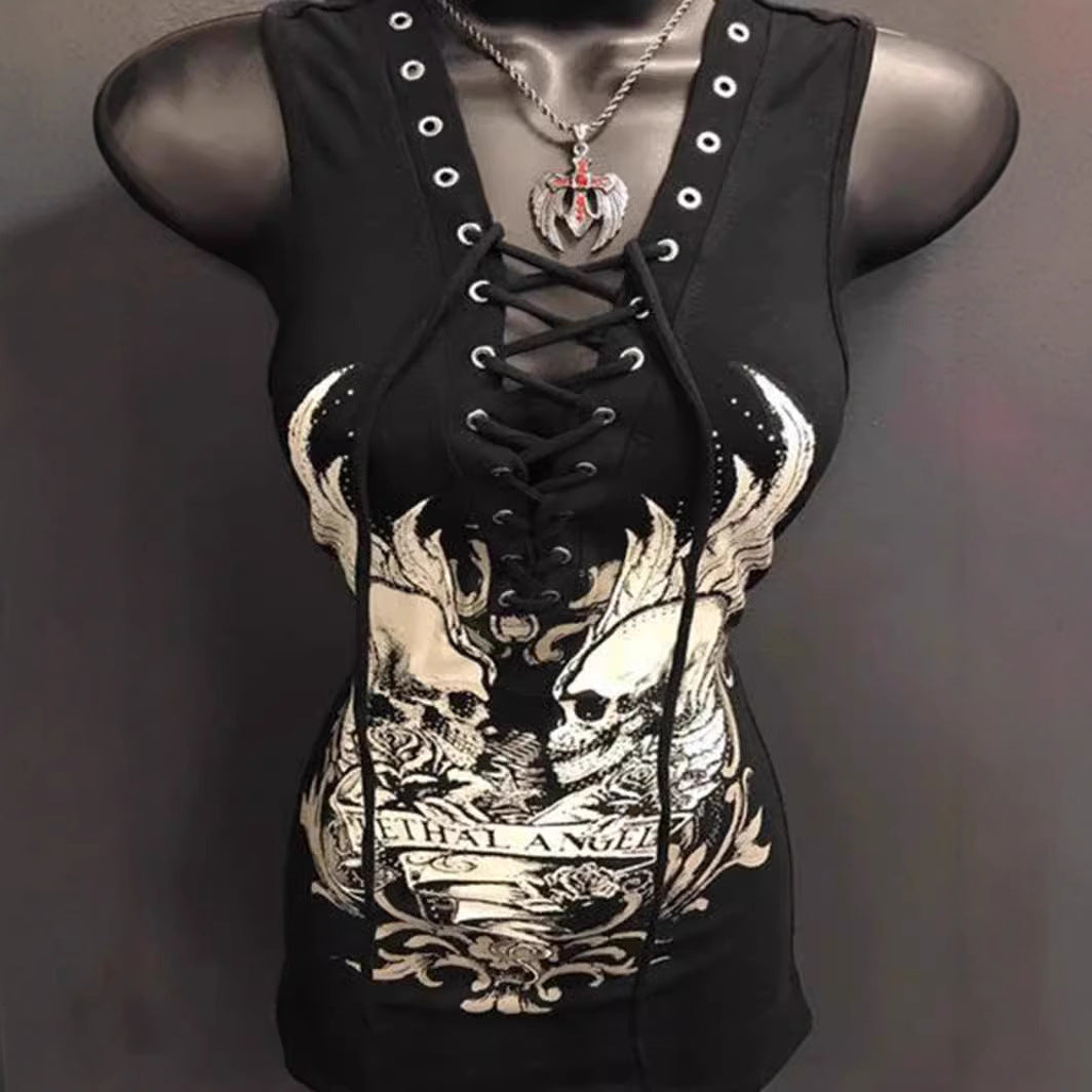 Damen Rockabilly Kleid mit Schnüroptik und grafischem Print Drune