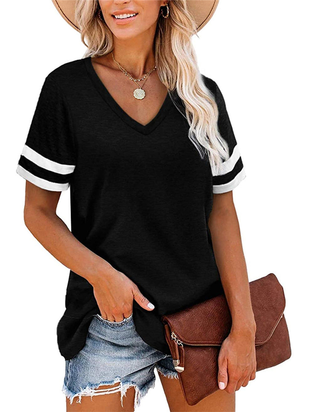 Damen V-Ausschnitt T-Shirt mit sportlichem Streifenmuster und lockerem Schnitt Drune