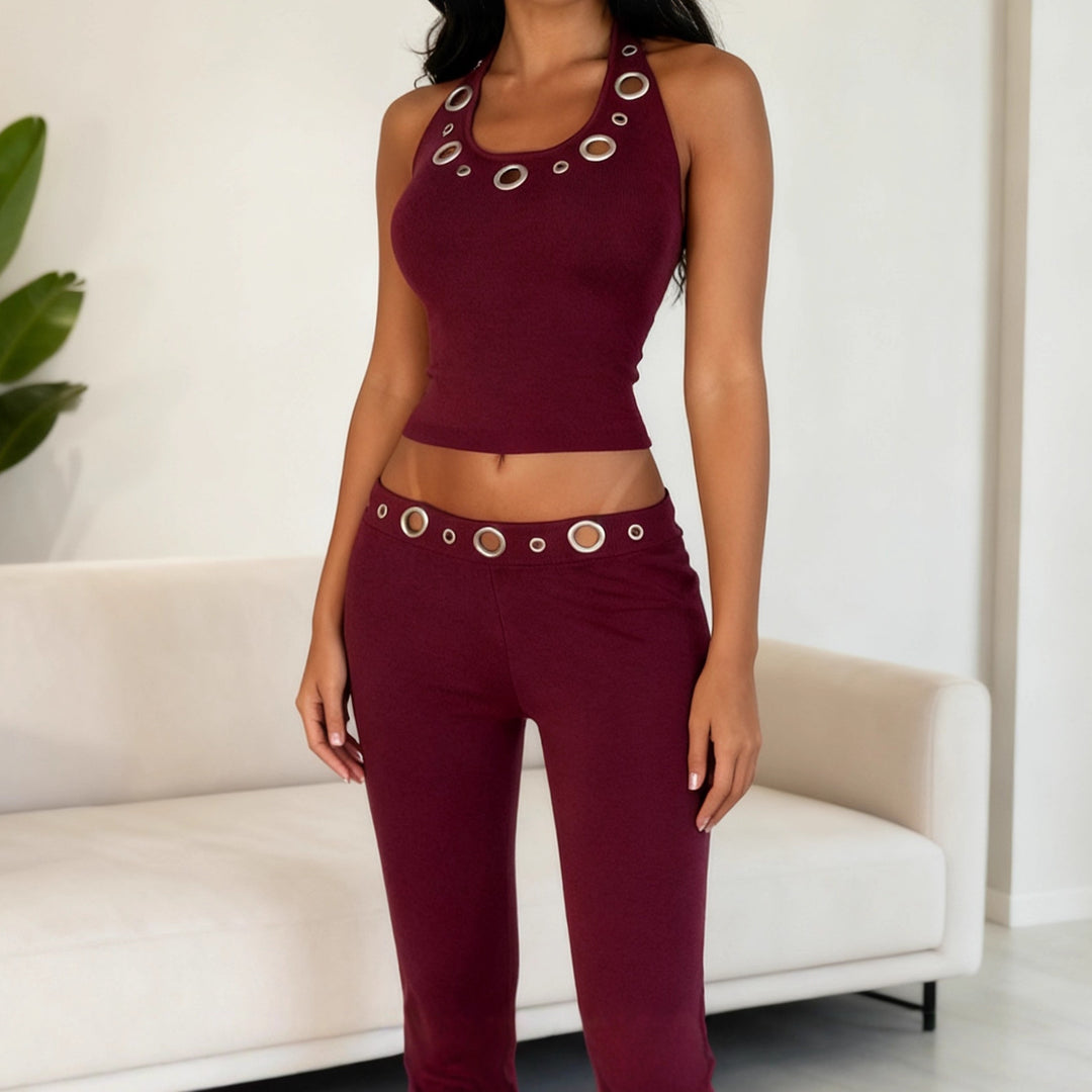 Damen modisches Oberteil und lässige Hose Set mit dekorativen Ösen Drune