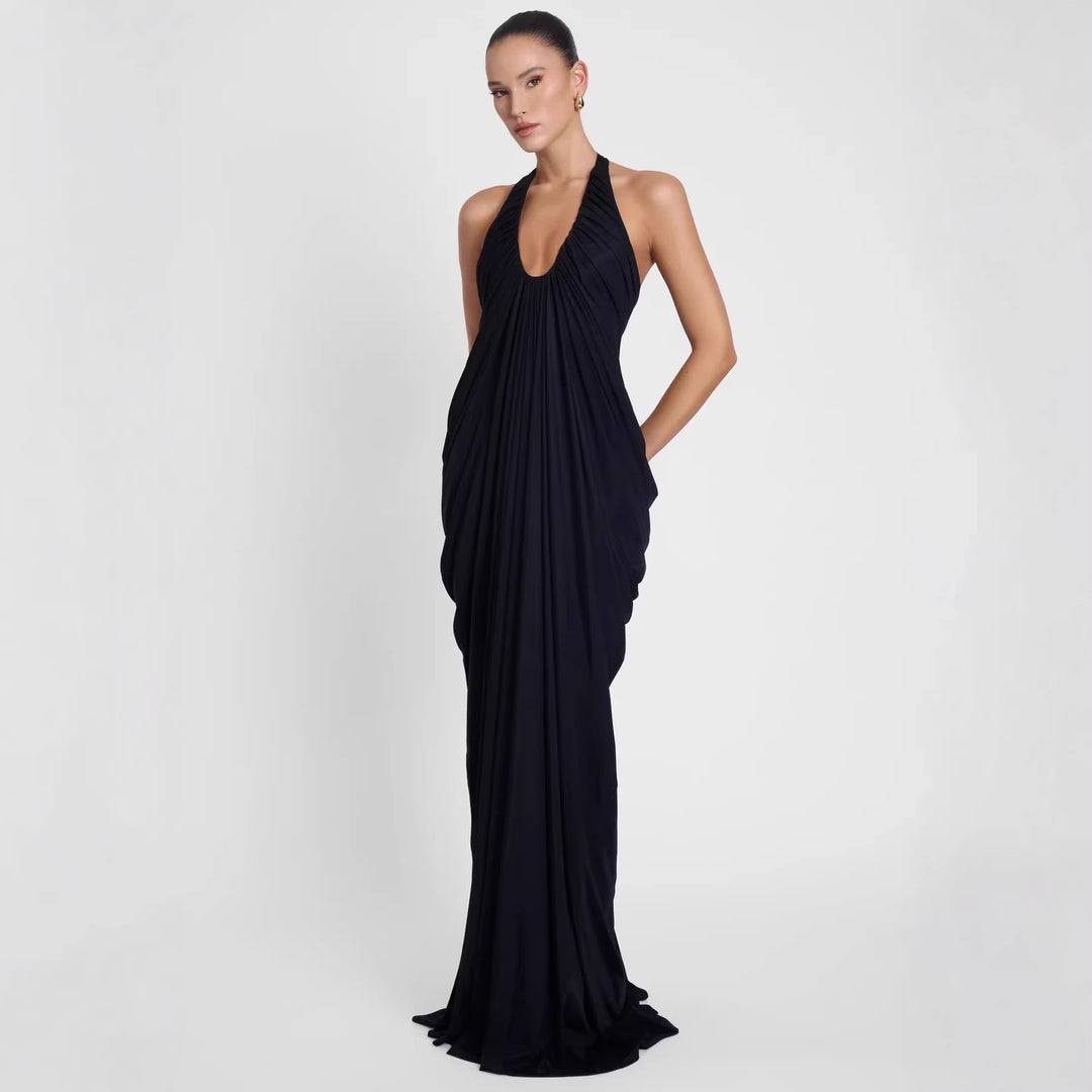 Damen Elegantes Maxikleid mit tiefem V-Ausschnitt und fließendem Drapé Drune