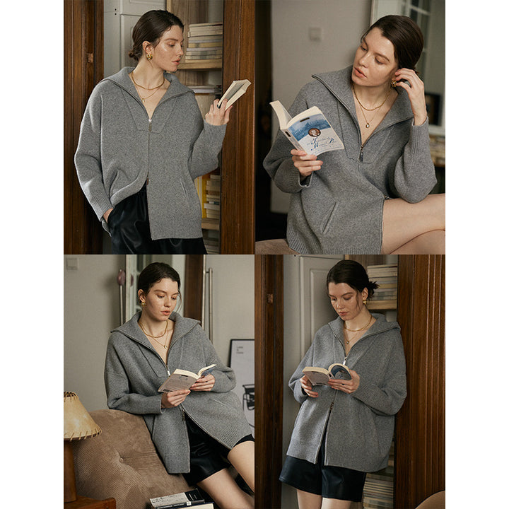 Damen lässige Zip-Up Strickjacke mit hohem Kragen und seitlichen Taschen Drune