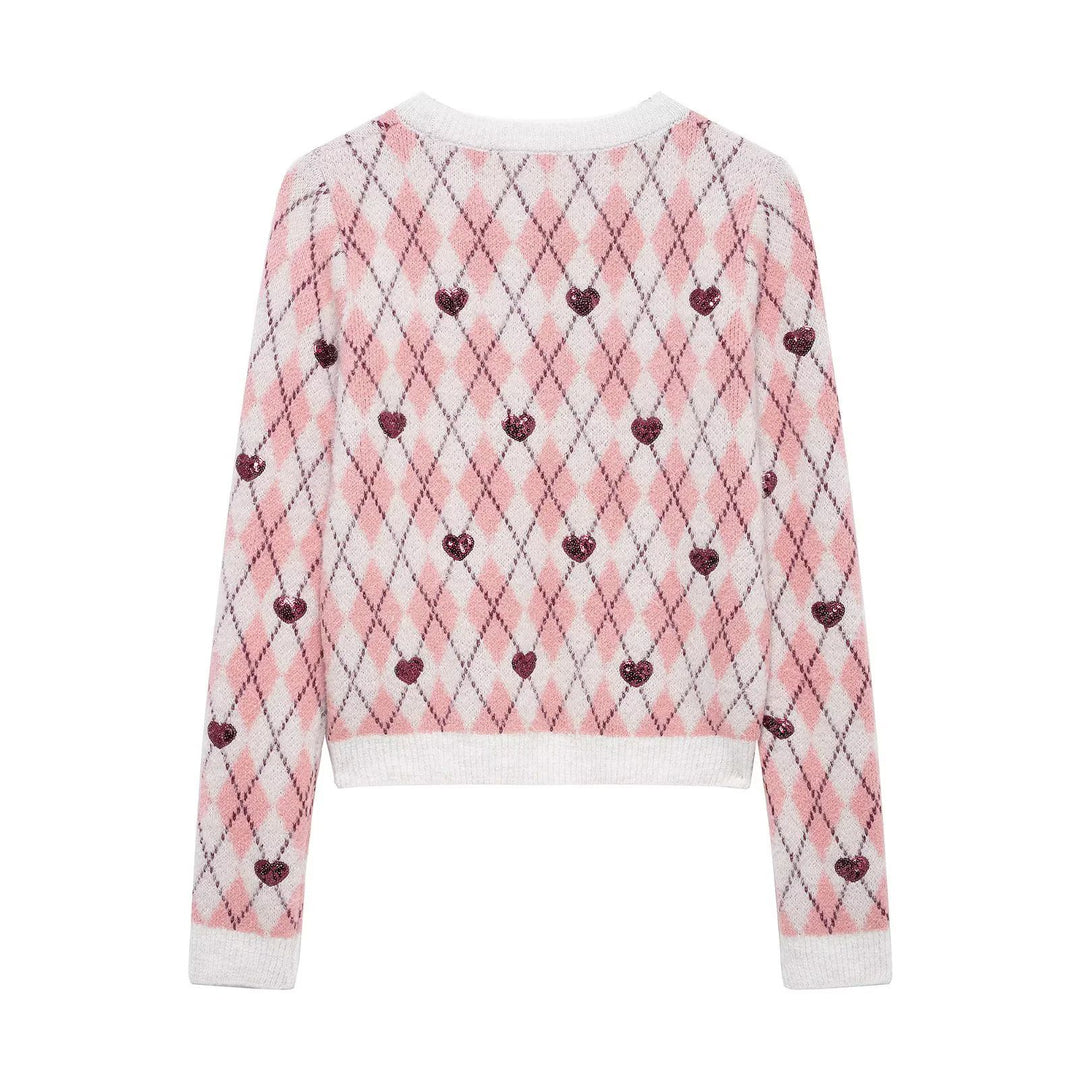Damen Pullover mit herzförmigem Pattern und Glitzerelementen Drune