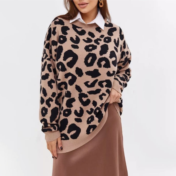 Damen Modischer Grobstrickpullover mit Leopardenmuster Drune