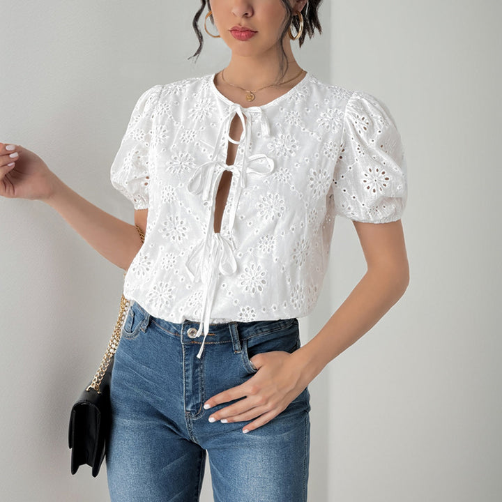 Damen Puffärmel Bluse mit dekorativen Blumenmustern und Kordelzug Drune