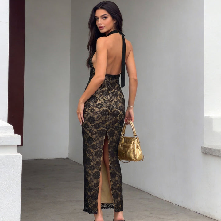 Damen Elegantes Spitzenabendkleid mit schmalem Kragen und transparenten Einsätzen Drune
