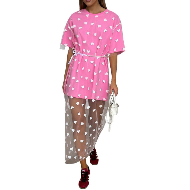 Damen modisches Tunika-Kleid mit Herzmuster und transparenter Schicht Drune