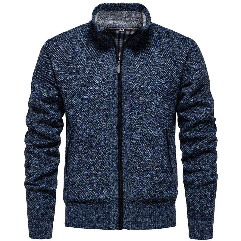 Herren nan strukturierter Strickcardigan mit durchgehendem Reißverschluss und kontrastgefüttertem Stehkragen Drune