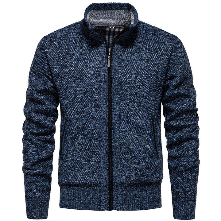 Herren nan strukturierter Strickcardigan mit durchgehendem Reißverschluss und kontrastgefüttertem Stehkragen Drune