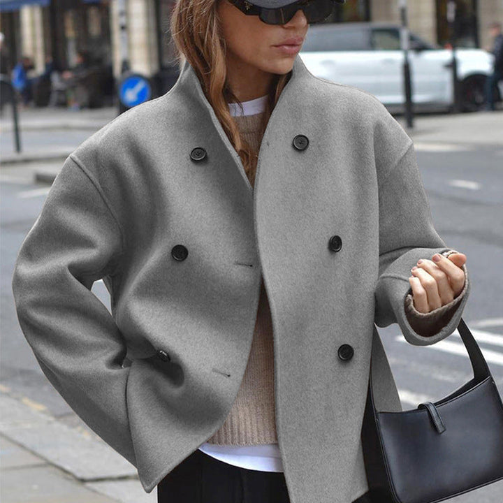 Damen modische Wolljacke mit doppelter Knopfleiste und hohen Kragen Drune
