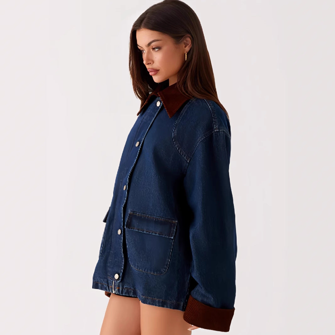 Damen Denimjacke mit Kapuze und kontrastierenden Ärmeln Drune