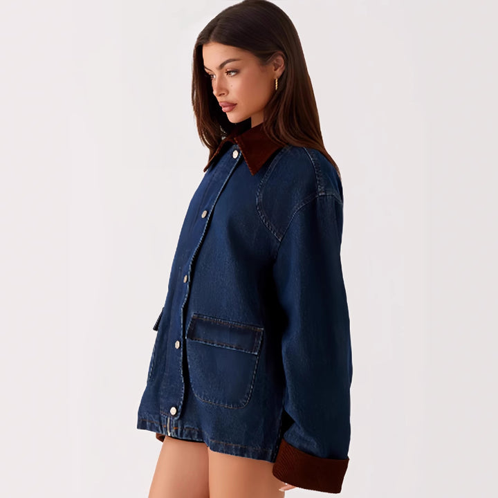 Damen Denimjacke mit Kapuze und kontrastierenden Ärmeln Drune