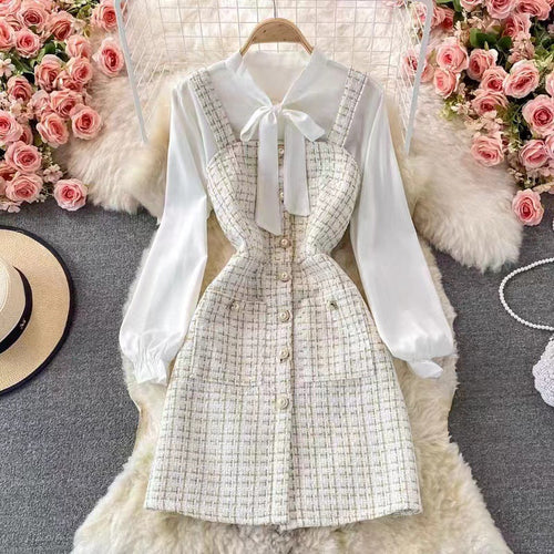 Drune | Satz mit Latzkleid Tweed A-Linie Bluse mit Schleife und Puffärmeln