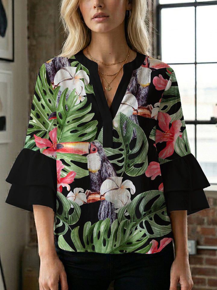 Damen Bluse mit voluminösen Rüschenärmeln und floralem Druck Drune
