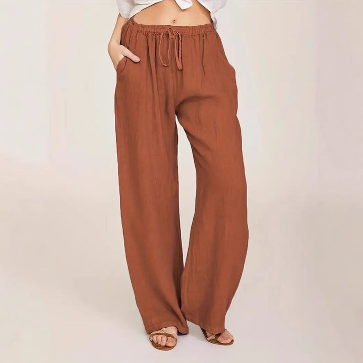 Damen Weite Leinenhose mit elastischem Taillenbund und seitlichen Eingrifftaschen Drune