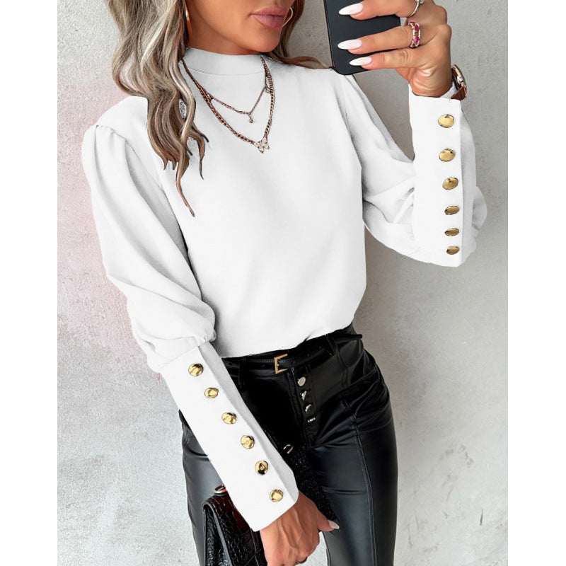 Damen elegante Bluse mit Puffärmeln und goldenen Knopfdetails Drune