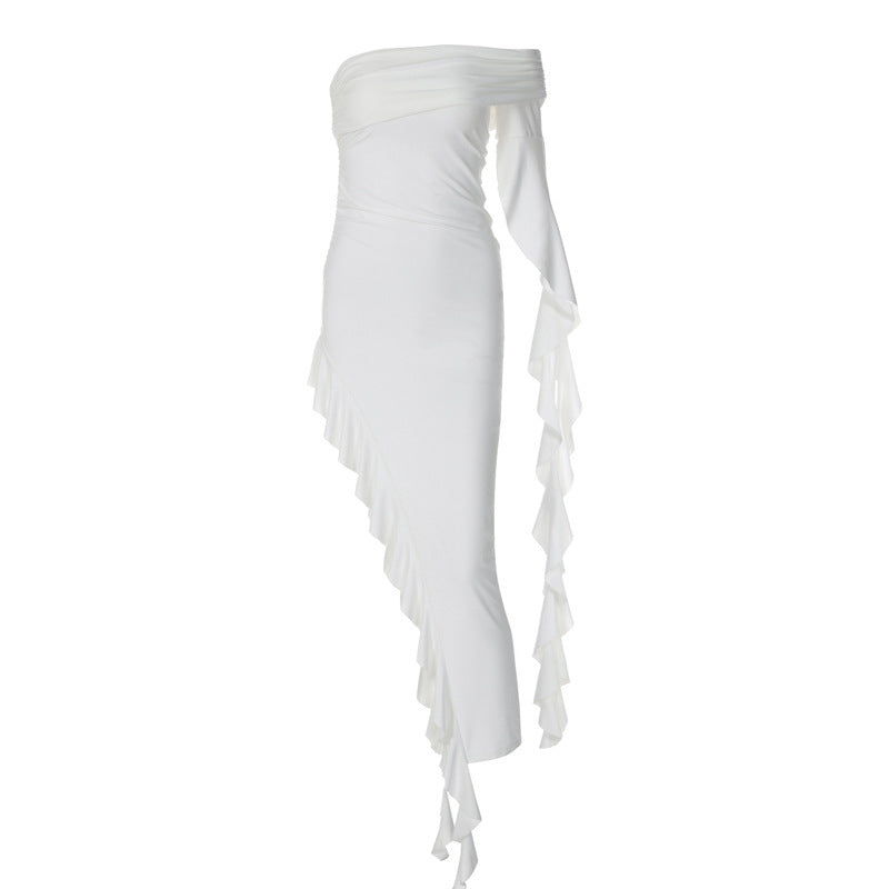 Damen elegantes Wickelkleid mit asymmetrischem Rüschendesign und dekorativem Oberteil Drune