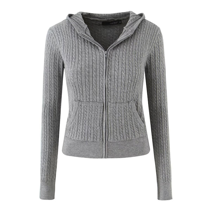 Damen kuschelige Strickjacke mit Kapuze und Reißverschluss Drune