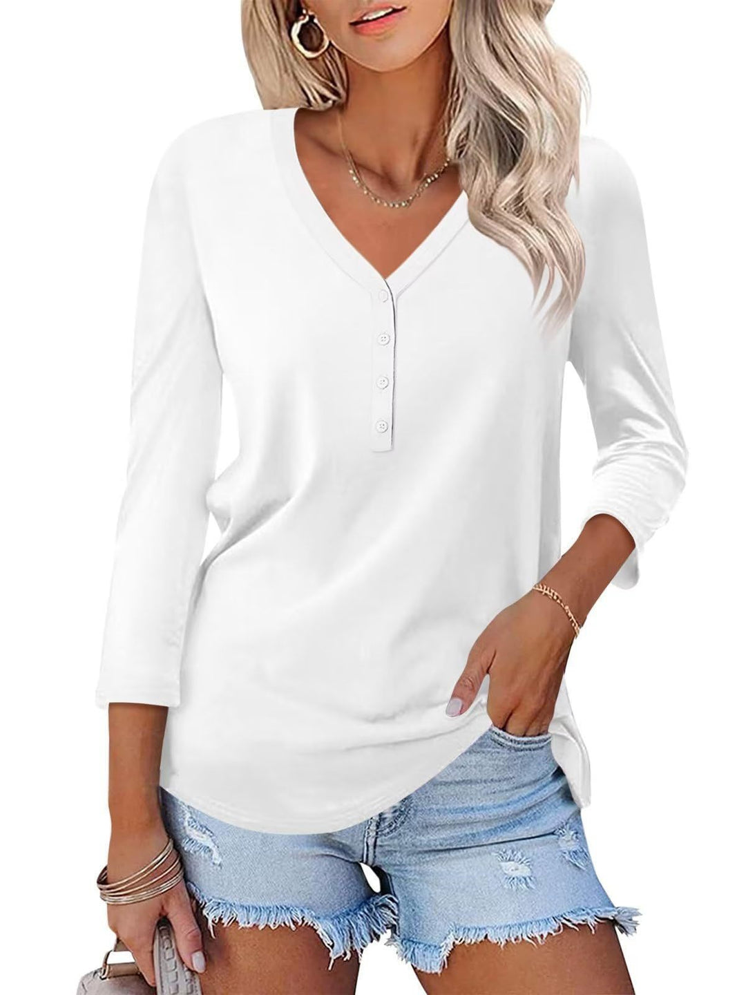 Damen Langarmshirt mit Knopfleiste und V-Ausschnitt Drune