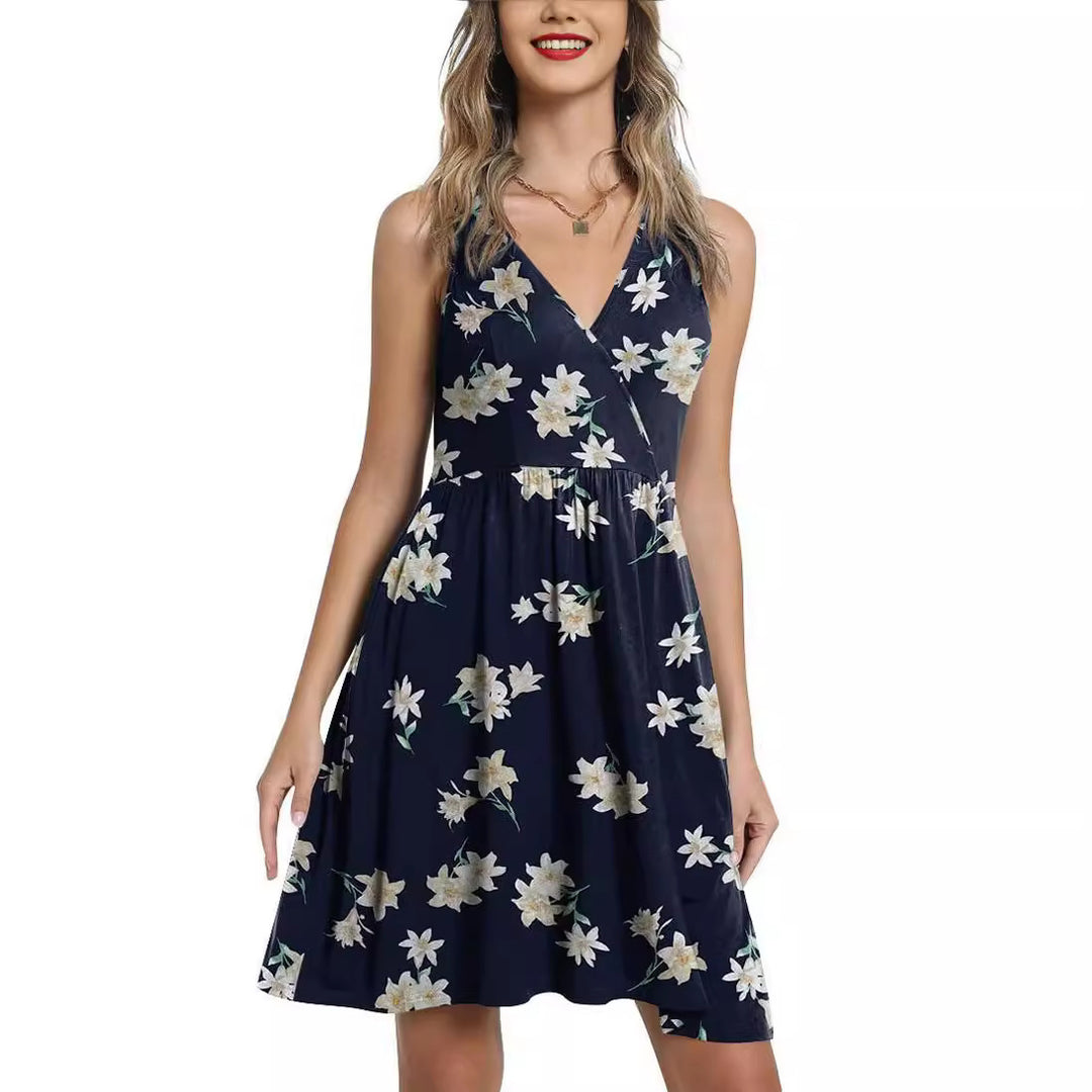 Damen Blumenkleider mit A-Linien Silhouette und V-Ausschnitt Drune