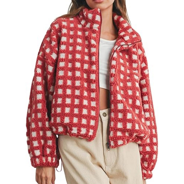 Damen trendige Kurzjacke mit Karomuster und weichem Plüsch Drune