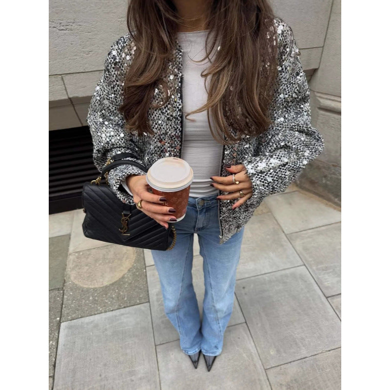 Damen Funkelnde Paillettenjacke mit lässigem Schnitt Drune