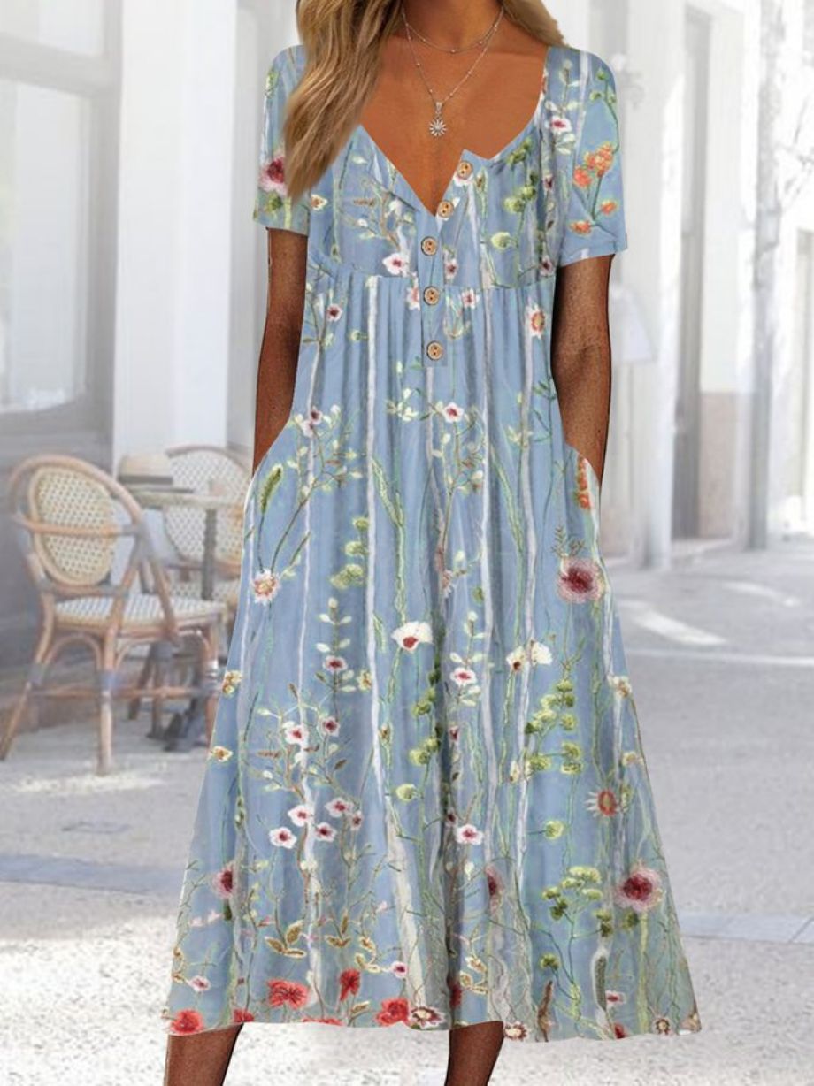 Damen Maxikleid mit zeitlosem Blumenmuster und seitlichen Taschen Drune