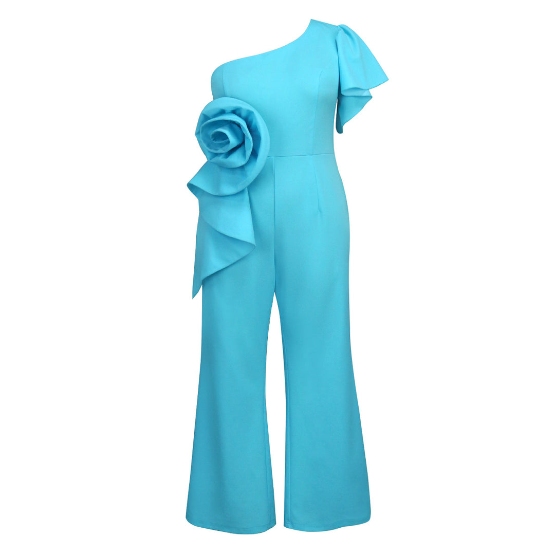 Damen eleganter Jumpsuit mit asymmetrischem Design und floraler Applikation Drune