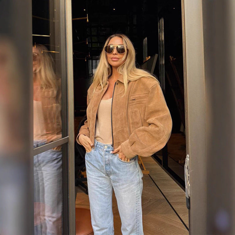 Damen modische Suede-Bomberjacke mit voluminösen Ärmeln Drune