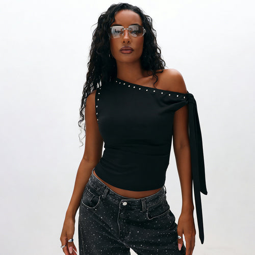 Damen Elegantes One-Shoulder Top mit dekorativen Steinen Drune