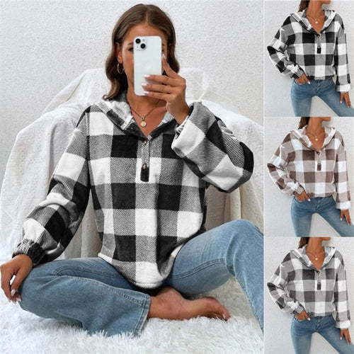 Damen Gemusterte Karo-Hoodie-Bluse Drune