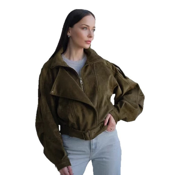 Damen Stilvolle Kurzjacke mit Gürtel und asymmetrischem Schnitt Drune