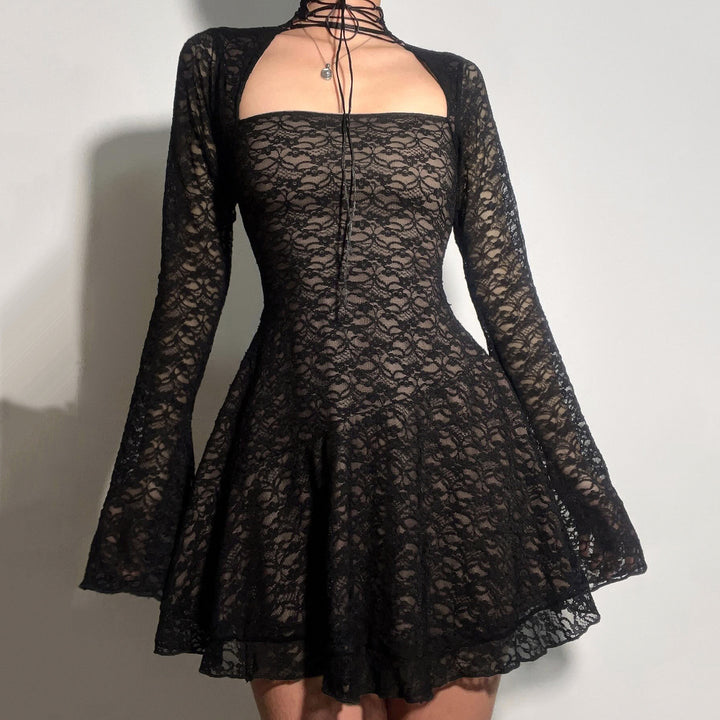Damen Spitzenkleid mit kurzem Stehkragen und langen Ärmeln Drune