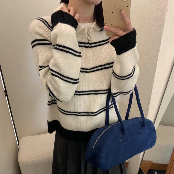 Damen Strickpullover mit Halbreißverschluss und gestreiftem Design Drune