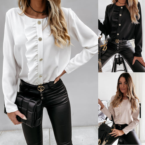 Damen Bluse mit Rüschendetails und eleganten Knöpfen Drune