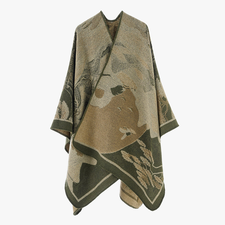 Damen Designer Poncho mit modernem floralen Muster und luxuriöser Strickstruktur Drune