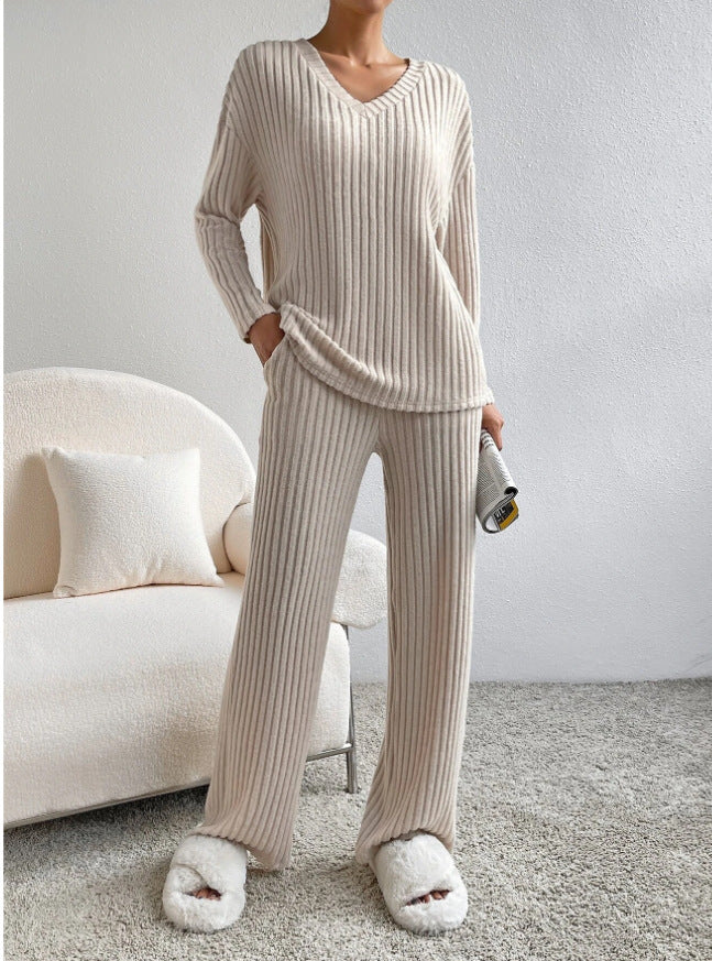 Damen lässiges Strick-Lounge-Set mit V-Ausschnitt Drune