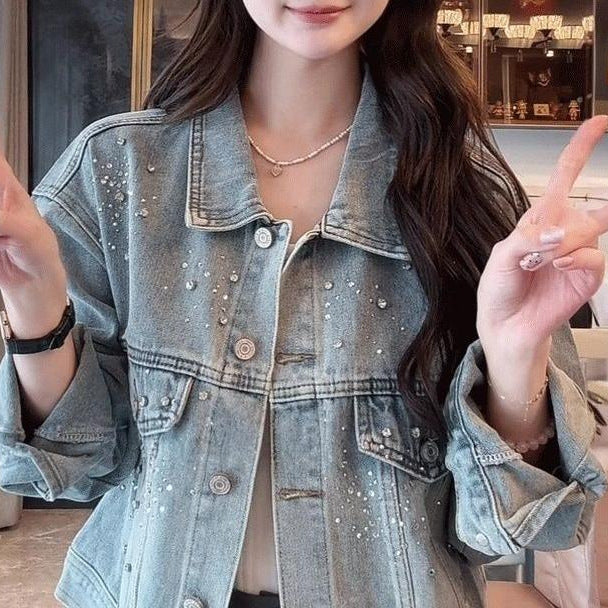Damen Denimjacke mit dekorativen Perlen Drune