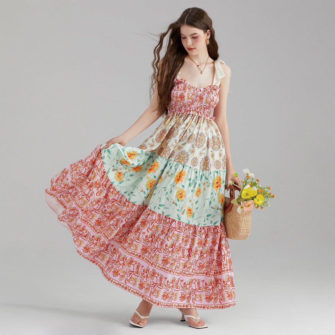 Damen Maxikleid mit floralen Falten und großzügigem A-Linien-Schnitt Drune