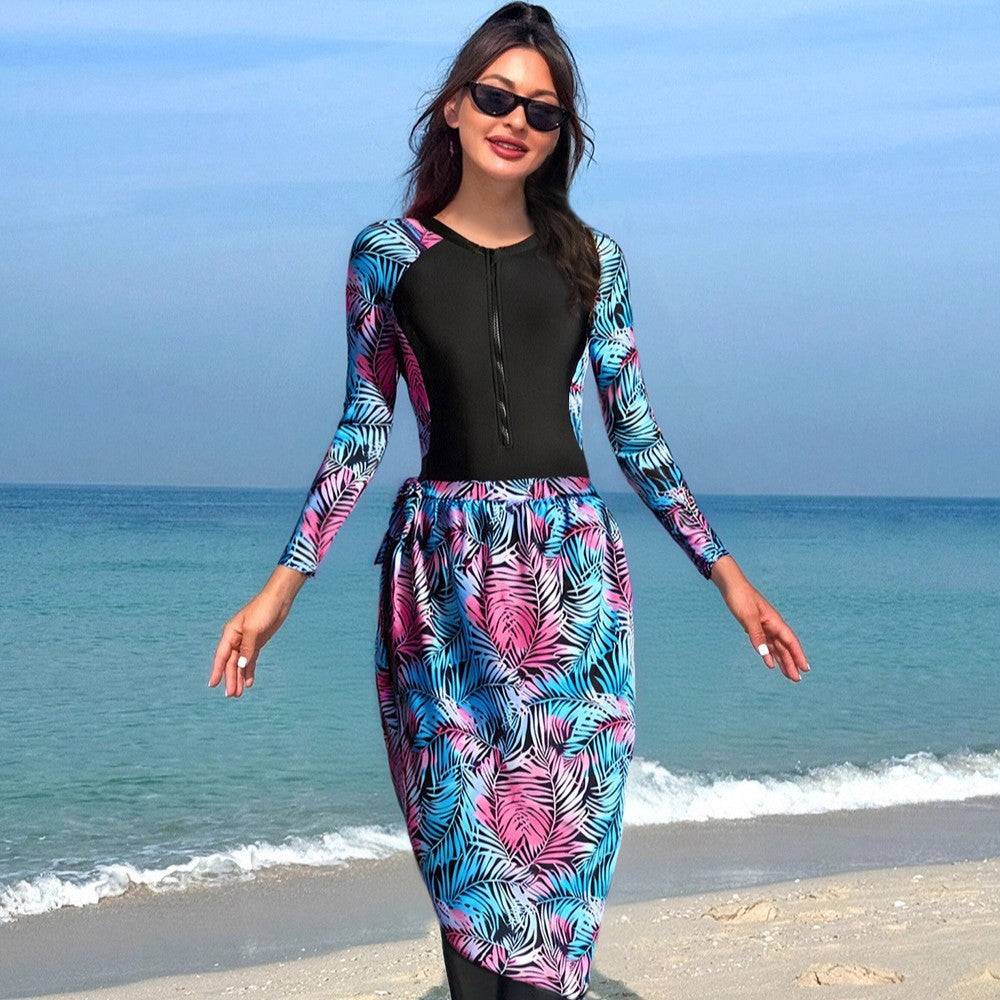 Damen Modischer UV-Schutz-Schwimmanzug mit langen Ärmeln und elegantem Rock Drune