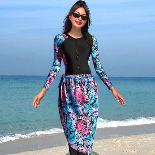Damen Modischer UV-Schutz-Schwimmanzug mit langen Ärmeln und elegantem Rock Drune