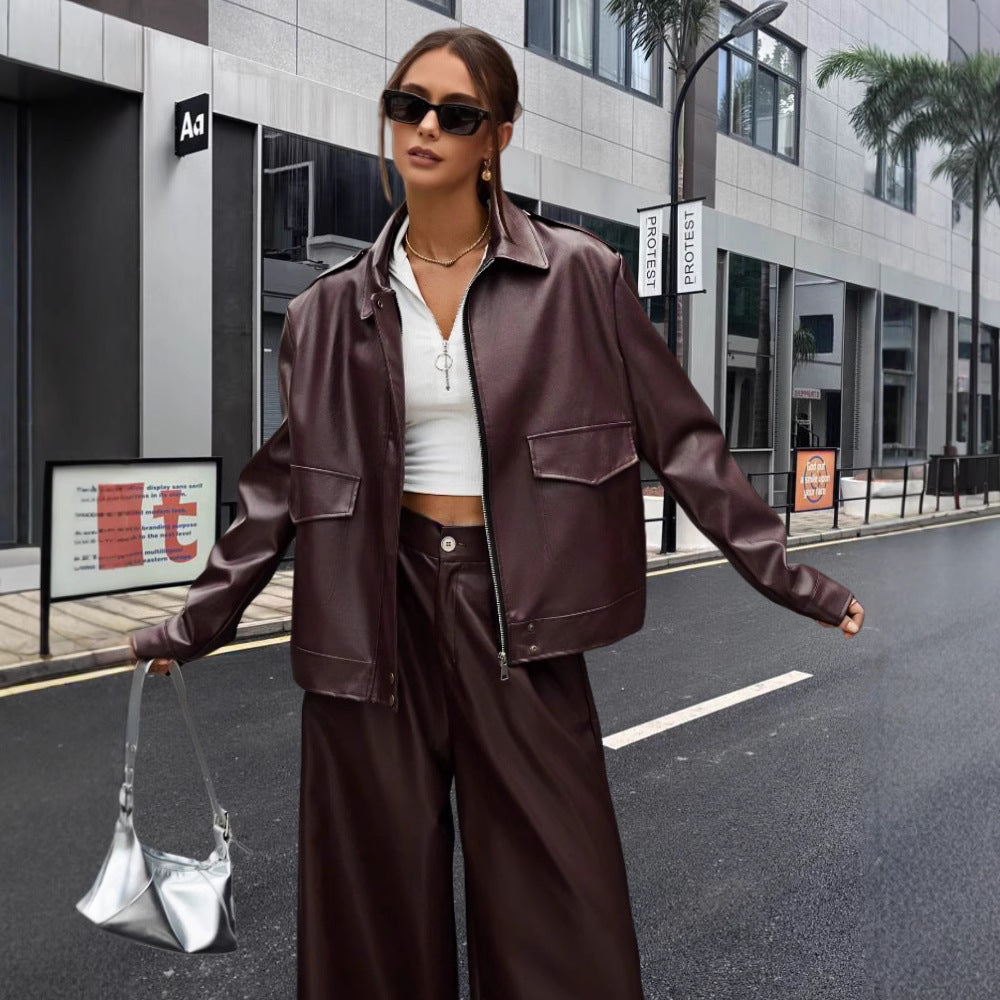 Damen modische Kunstlederjacke im Oversized-Stil Drune
