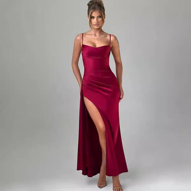 Damen Elegantes Maxikleid mit seitlichem Schlitz und schmalen Spaghettiträgern Drune