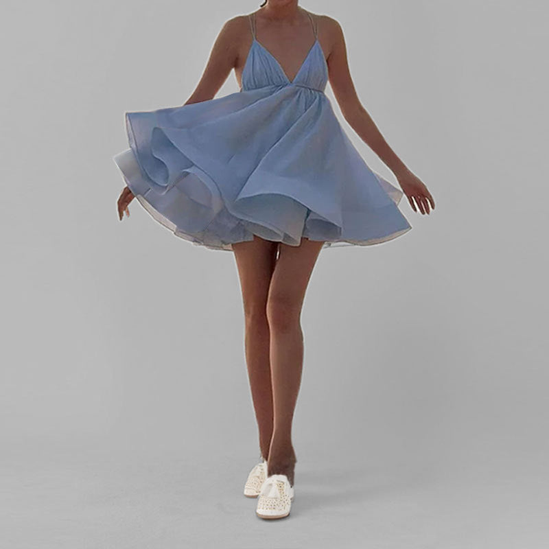 Damen Sommerliches Freizeitkleid mit tiefem V-Ausschnitt und schwingendem Rock Drune